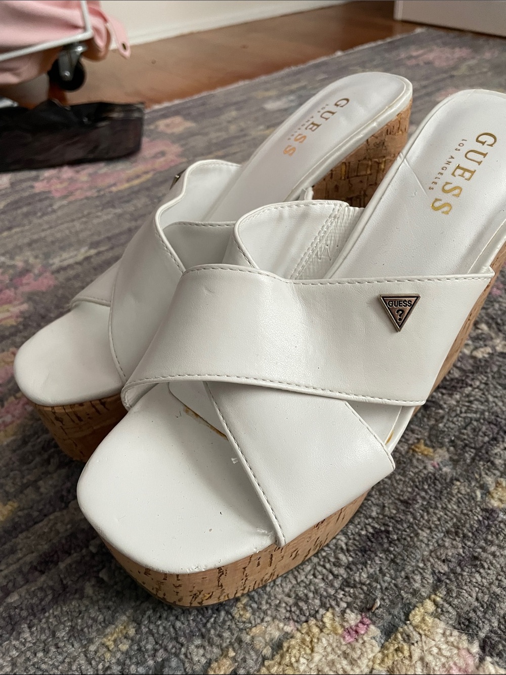 GUESS White Cork Platform Slide Sandals with Crossed Straps